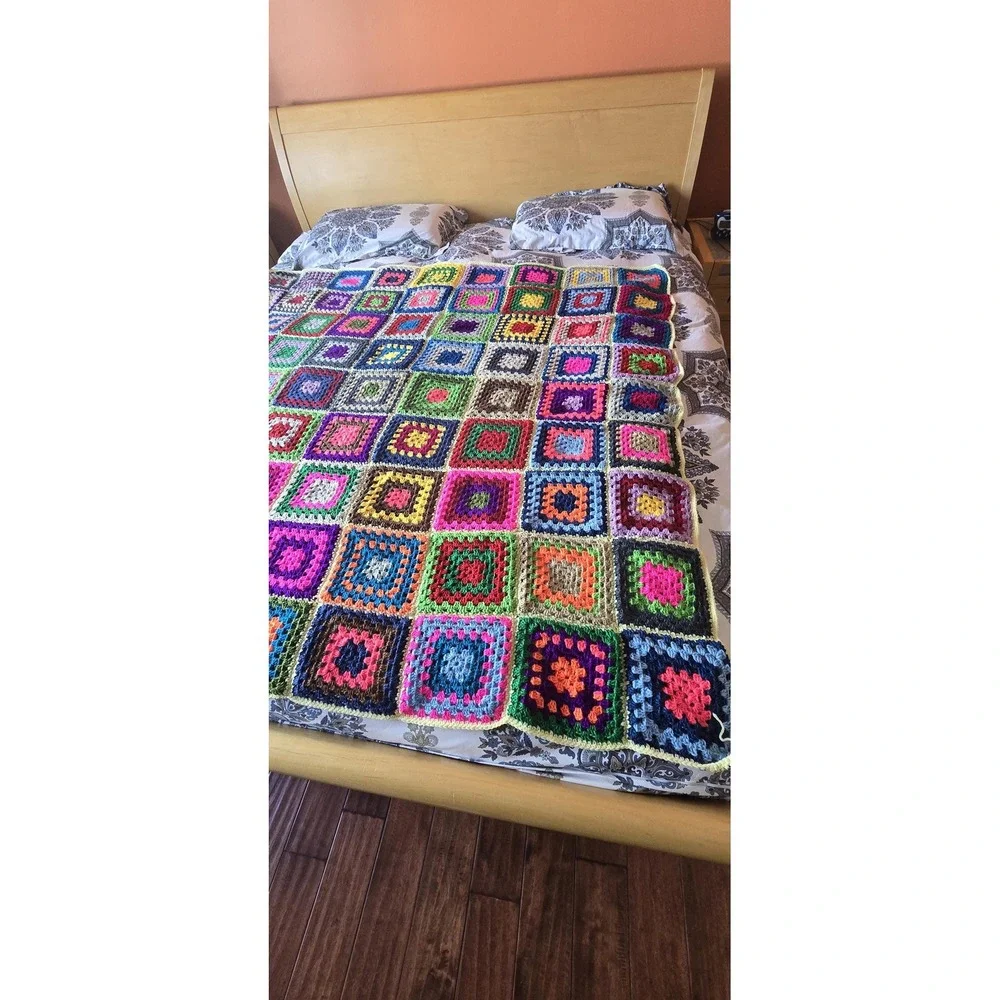 Handmade granny square afghan crochet multi color blanket‎ cottagecore Farmhouse